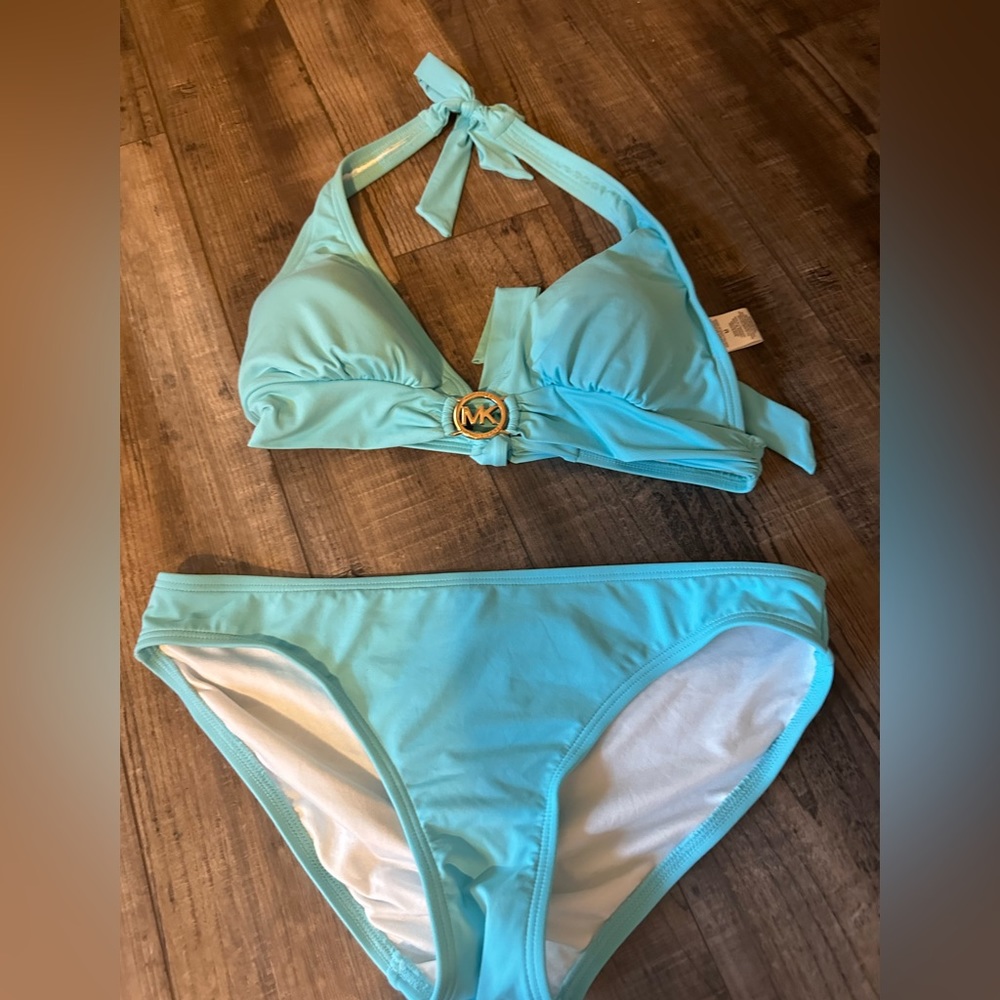 Michael Kors Turquoise blue halter bikini LN M